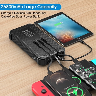 Caricatore solare portatile impermeabile 26800mAh della Banca di potere IPX5 con 3 cavi incorporati