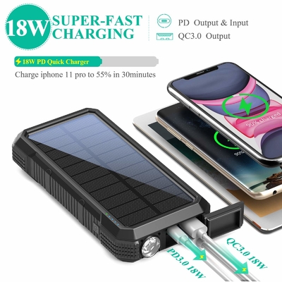 Caricatore solare senza fili portatile 18W QC3.0 della Banca di potere con 4 uscite