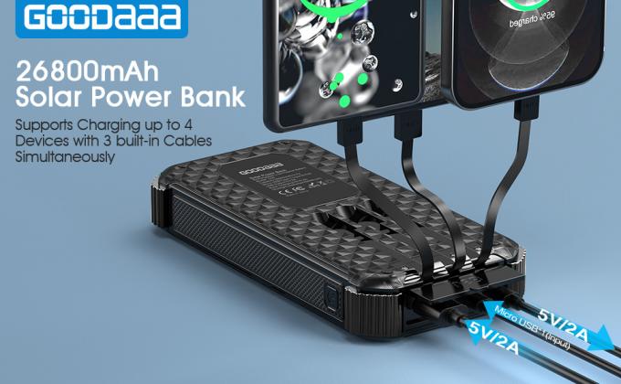 Caricatore solare portatile impermeabile 26800mAh della Banca di potere IPX5 con 3 cavi incorporati 0